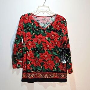 NEW Jane Ashley Top Holiday Poinsetta Medium